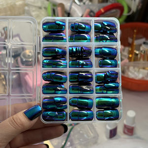 144 <span class=keywords><strong>Uñas</strong></span> Postizas Cuadradas Francesas Azules Galvanizadas, <span class=keywords><strong>Uñas</strong></span> Postizas <span class=keywords><strong>Cortas</strong></span> Brillantes, <span class=keywords><strong>Uñas</strong></span> Acrílicas de Cobertura Completa para Manicura DIY - Product Image 6