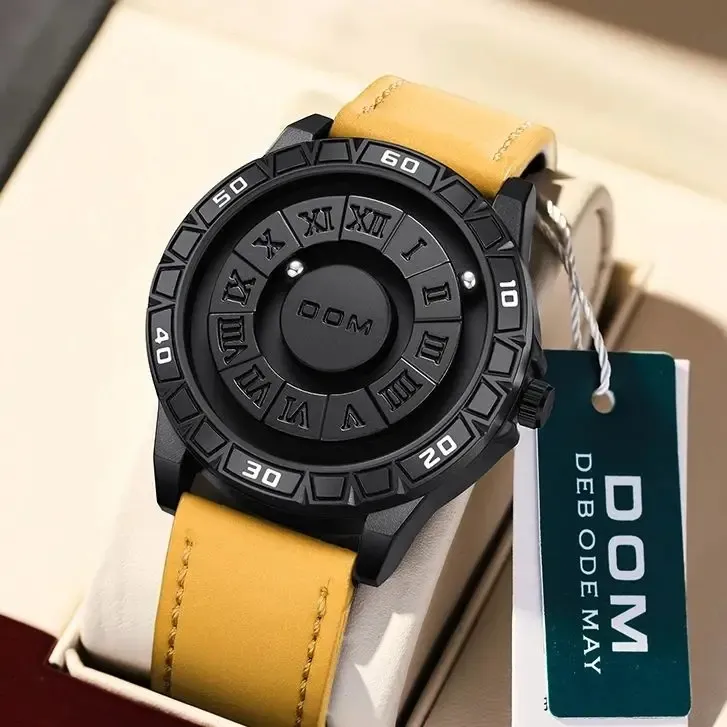 Dom Watches Concept Magnetische Scrolling Bal Pointer Skelet Quartz Horloge Mannen 1726 Waterdicht Bruin Lederen Klok Heren Pols