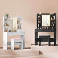 Coiffeuse LED moderne avec miroir, ensemble de table de maquillage de luxe avec étagères de rangement et tiroirs pour chambre à coucher