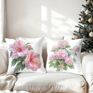 Floral throw pillows adorn cozy sofa with festive stockings and reindeer antlers in holiday decor scene - Product Image 3