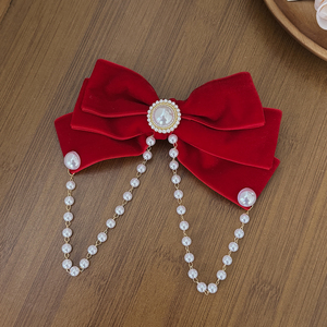Jepit Rambut Kain Pita Merah Elegan dengan Rantai Mutiara, Pita Kristal Vintage, Jepit Rambut Wanita untuk Pesta Pernikahan, Pengantin, Buatan Tangan Berkualitas Tinggi - Product Image 5