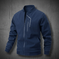 Blouson Bomber Unisexe Bleu Marine à Fermeture Éclair Intégrale, Col Montant, Doublure Polaire, Vêtement Décontracté d'Hiver en Toile avec Logo Avant