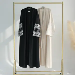 Roupa Abaya islâmica modesta preta bordada para o Ramadã 2024 Abaya de linho aberta Abaya Femes Robe Musulmane muçulmano Dubai Abaya