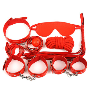 Venta al por mayor adulto BDSM Bondage Gear 7 juegos de hombres y mujeres ojo máscara boca bola látigo cuero mano pie restricción Correa juguetes sexuales - Product Image 4