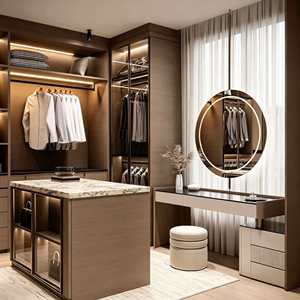 <span class=keywords><strong>Dressing</strong></span> sur mesure de luxe moderne avec portes vitrées à charnières, éclairage LED, rangement intégré pour chaussures, coiffeuse et armoire écologique - Product Image 2