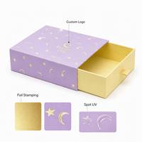 Boîte à tiroir rigide personnalisée avec logo violet et jaune, boîte d'emballage pour accessoires capillaires avec poignée en ruban pour pinces à cheveux, cadeau