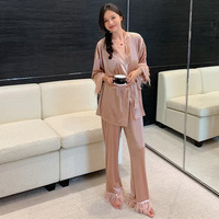 Ensemble de pyjama en velours pour femmes SMOOTH, 3 pièces, automne-hiver, haut de pyjama sexy, pantalon long, robe avec plumes d'autruche, vêtements de détente