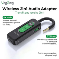 Adaptador de Audio Inalámbrico VegGieg 2 en 1, Transmisor y Receptor, Modo TX RX, Conector Auxiliar de 3.5 mm, Plug and Play para Altavoces de Coche