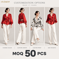 Chemisier rouge satiné pour femme, style cache-cœur, manches longues bouffantes, ourlet peplum, taille à nouer, pour rendez-vous galants et soirées, OEM, marque privée