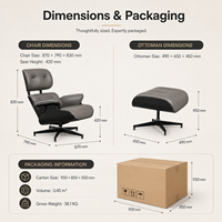 Fauteuil lounge capitonné style Ames avec ottoman et coussin en cuir pour hôtels, vente en gros et au détail, marché des bureaux, B2B personnalisé