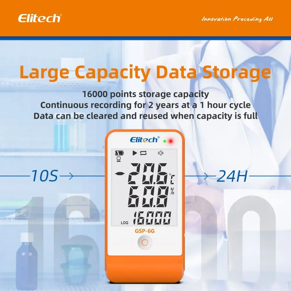 Elitech GSP-6G registratore di dati di temperatura e umidità con ampio schermo LCD per refrigeratore e frigorifero