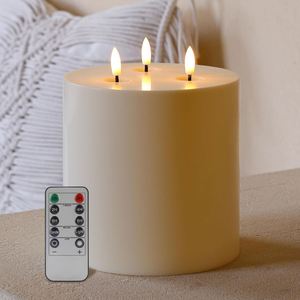 Extra Large Ivory Flicker Flameless <b>Paraffin</b> Wax 3D Real Flame LED Remote Control Handmade Pillar Candles Home Decoration - Product Image 1