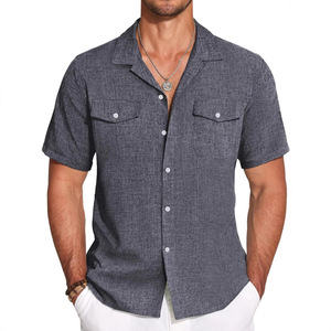 Nouvelle <span class=keywords><strong>chemise</strong></span> d'été en lin pour <span class=keywords><strong>homme</strong></span>, <span class=keywords><strong>chemise</strong></span> à manches courtes unie en lin et lin pour jeune <span class=keywords><strong>homme</strong></span> avec col à revers - Product Image 5