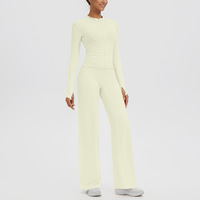 Ensemble de yoga transfrontalier : Veste de sport zippée à col bas brossée et Pantalon ample à jambes larges taille haute effet ventre plat et rehausseur de fesses
