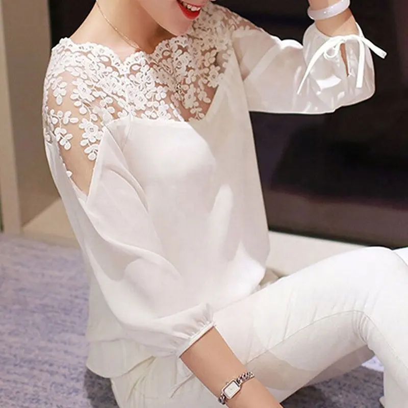 OEM Custom Wholesale Women New White Black Top Lady Blouse Long Sleeve Hollow Lace Casual Tops Chiffon Blouse
