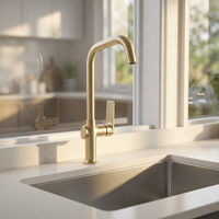Robinet de cuisine classique moderne en laiton doré brossé, monocommande eau chaude et froide, avec cartouche céramique, à poser sur le plan, aérateur intégré