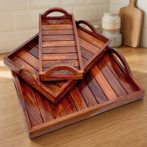 Ensemble de 4 plateaux de rangement rectangulaires en bambou verni, empilables, multifonctionnels pour la cuisine, pour servir des boissons et des aliments sur la table, style minimaliste - Product Image 3