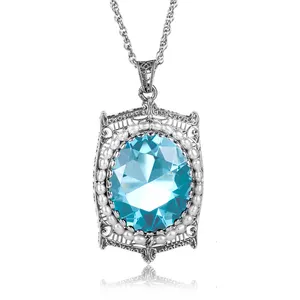 High Quality Pearl Blue Topaz 925 Silver Charm Pendant for Women Vintage Catholic Large Gemstone Pendants Fine Silver Jewelry