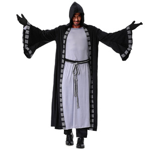Capa con capucha de mago medieval para Halloween, túnica larga gris con cinturón y guantes, disfraz de cosplay para hombres, juego de rol para adultos - Product Image 2