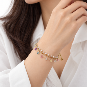 Bracelet superposé multicolore en perles de cristal, chaîne en acier inoxydable plaqué or 14 carats sous vide, fermoir réglable à ressort - Product Image 5