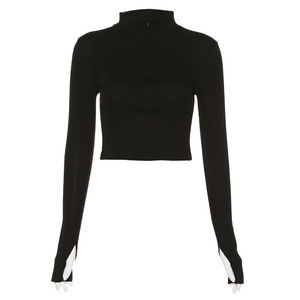 OEM Women Slim Fit High <b>Stretch</b> T-Shirt Zip up <b>Long</b> <b>Sleeve</b> Crop V-neck Fall Summer Casual <b>Top</b> Heat Transfer Logo - Product Image 6