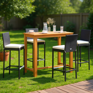Ensemble de bar de jardin en teck avec 4 tabourets en osier, résistant aux intempéries, mobilier d'extérieur au design contemporain pour usage extérieur - Product Image 2