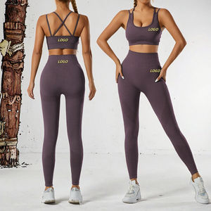 Conjunto de yoga sin costuras de 2 piezas para mujer: sujetador deportivo con tirantes cruzados y leggings de cintura alta de secado rápido, ropa deportiva elástica transpirable - Product Image 3