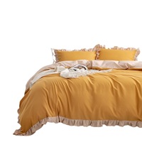 Parure de lit 3 pièces en tissu brossé couleur unie avec dentelle à volants et blocs de couleur, pour le commerce extérieur et la vente transfrontalière