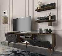 Meuble TV Ayden en aggloméré de luxe exclusif, design moderne avec panneaux en bois, finition marbre et noyer, fabriqué en Turquie, idéal pour salon et hôtel