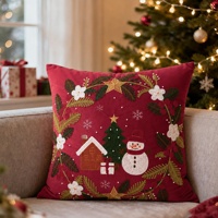 Housse de coussin décorative en velours brodé, motif chien mignon et bonhomme de neige, pour fêtes et festivals, lavable en machine
