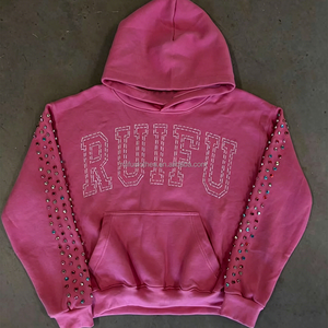 OEM ODM Custom Men's Luxury Rhinestone 3d Embroidery Dtg Print Hoodie Streetwear Cropped Cotton Boxy Fit Hoodies And Sweatshirts - Product Image 2