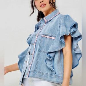 Veste en jean bohème pour femme, modèle tendance, avec manches à volants, brodée, en coton de haute qualité, coupe courte - Product Image 3