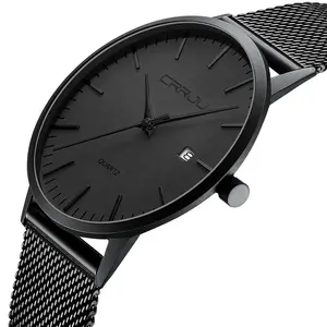 Moda stil CRRJU 2172 lehçe Blu-ray ayna paslanmaz çelik kayış kuvars saatler kronograf ikinci bilek saatler erkekler için