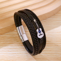 Nouveauté : Bracelet en cuir tressé pour homme avec fermoir magnétique en acier inoxydable, motif guitare et violon, bijoux pour homme