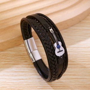 Nueva Llegada: Pulseras de Cuero <span class=keywords><strong>para</strong></span> Hombre con Diseño de Guitarra Musical, Hebilla Magnética de Acero Inoxidable, Pulsera de Cuero Trenzado <span class=keywords><strong>para</strong></span> Hombre, Joyería - Product Image 4