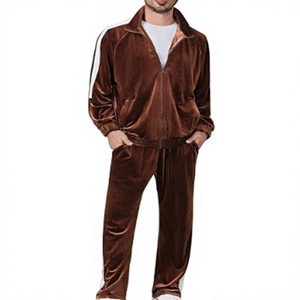 Men's Brown Velour Tracksuit Zip Up Stand Collar Stripe Two Piece Set Casual <b>Velvet</b> Sportswear - Product Image 1