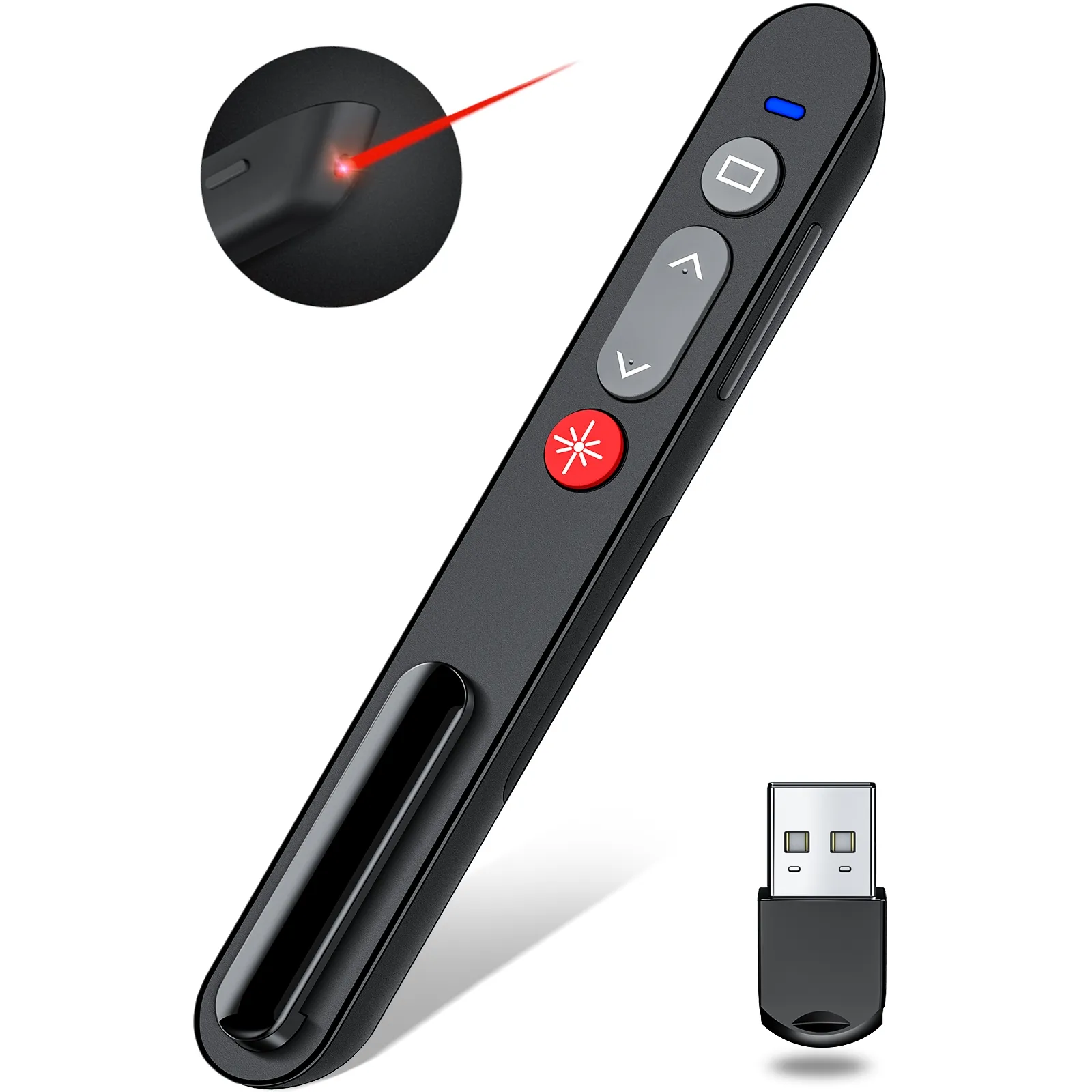 Kliker Presentasi Nirkabel USB 2.4GHz, untuk Presentasi Powerpoint, Mendukung Hyperlink dan Kontrol Volume Laser Merah untuk Pointer