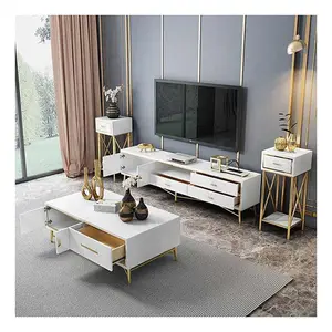 Design moderno ouro branco lustroso gabinete exclusivo tv stand e mesa de café conjunto