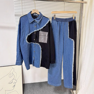 Mode printemps automne tenue 2025 doux Street Wear femmes à manches longues Denim Patchwork veste et pantalon 2 pièces ensemble - Product Image 4