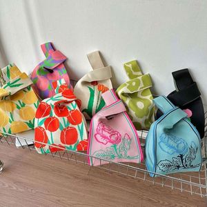 Fashion Floral Crochet Handbag Knitted Tote Bag <b>Cute</b> Mini Wrist Knot Bag <b>Purse</b> - Product Image 2