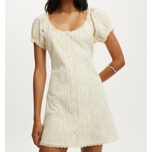 Vestido de Mujer Estilo Campestre Francés con Estampado Floral, Cuello Cuadrado, Mangas Abullonadas, Ribete de Encaje, Cintura Ajustada, Falda Corta en Línea A - Product Image 1