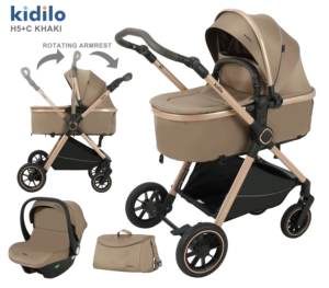 Poussette bébé Kidilo 3-en-<span class=keywords><strong>1</strong></span> en alliage d'aluminium H5+C avec système de dossier <span class=keywords><strong>inclinable</strong></span> multi-positions, landau et siège <span class=keywords><strong>auto</strong></span> pour nouveau-nés - Product Image 2