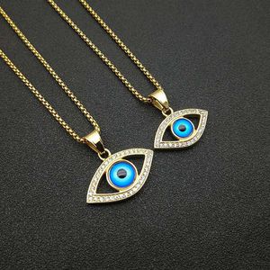 Hip Hop Eye Pendant <b>Necklace</b> Stainless Steel Gold Plated Blue Evil Eye Pave Setting Unisex Jewelry Gift - Product Image 1