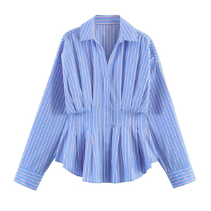 Chemisier plissé rayé en popeline coupe ajustée pour <span class=keywords><strong>femme</strong></span>, style vintage décontracté, <span class=keywords><strong>chemise</strong></span> de bureau <span class=keywords><strong>sur</strong></span> <span class=keywords><strong>mesure</strong></span>, OEM/ODM par une usine de vêtements chinoise - Product Image 1