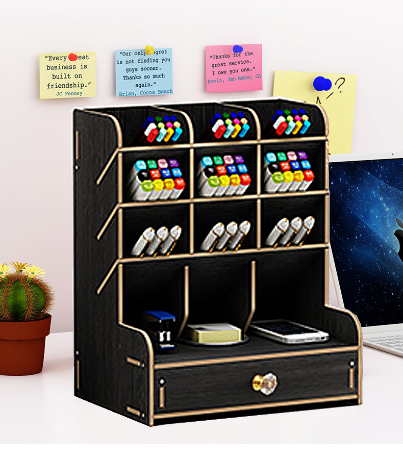 Organizer Da Scrivania In Legno | 6 Ripiani Con Portapenne E Cassetto | Accessorio Per Ufficio E Casa