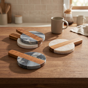 Ensemble de sous-verres en bois marbré distinctifs avec poignée, résistants à la chaleur, sous-verres élégants pour café, thé, décoration de bar à domicile - Product Image 1