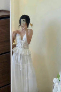 Conjunto de Dos Piezas: Camisola Blanca de Algodón Sólido y Falda Larga, Manga Larga, Sin Cuello, Transpirable, Corte Regular, Cómodo - Product Image 3