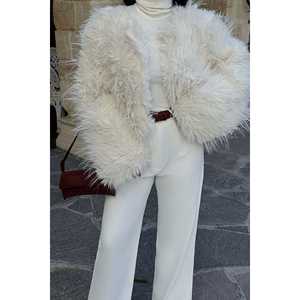 Chaqueta de Piel Sintética Blanca Blaise, Larga y Corta, Cierre de un Solo Botón, con Estampado a Cuadros, Teñida, Procesamiento de Piel de Visón, Conejo y Zorro - Product Image 5