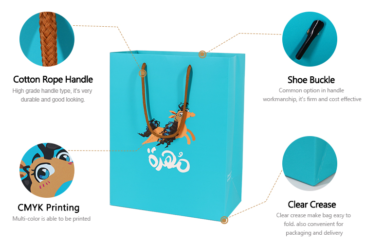Customized Size Flat Bottom Blue Bolsas Packaging Shopping Carry Cartoon Paper Bag With Rope Handle