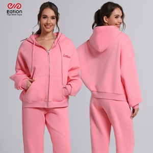 Ensemble de Survêtement Oversize Femme, Veste à Capuche à Fermeture Éclair Dorée Intégrale et Pantalon de Survêtement Droit, Doublure Polaire, Deux Pièces pour Gym et Course - Product Image 1